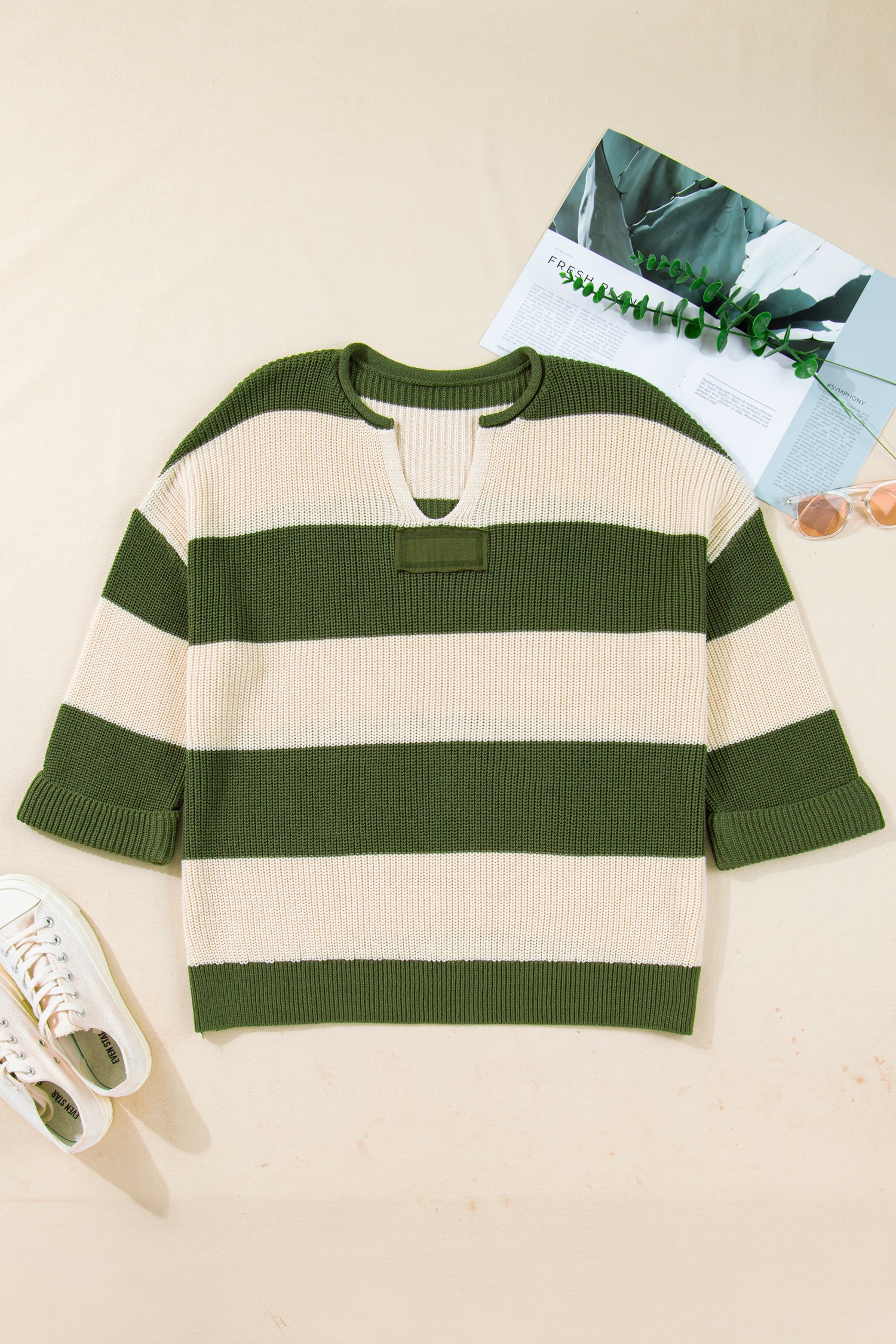 Green Stripe Colorblock Notched Neck Plus Size Sweater