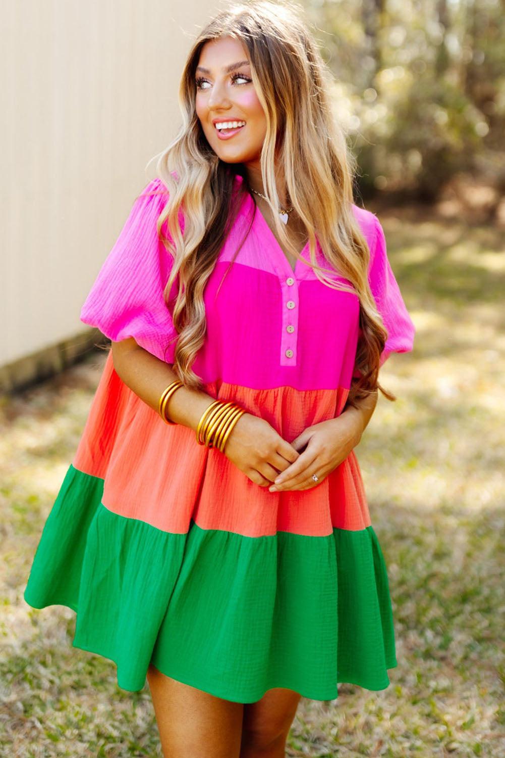 Multicolor Color Block Tiered Puff Sleeve Dress - L & M Kee, LLC