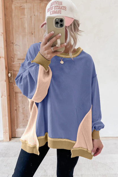 Wild Wind Color Block Mix Texture Waffle Patchwork Oversize Sweatshirt