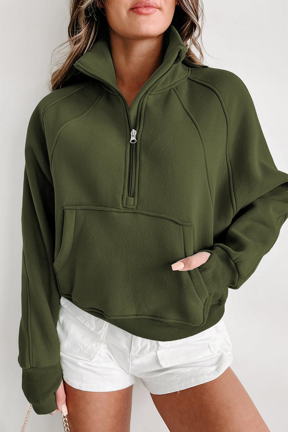 Zip Up Stand Collar Ribbed Thumbhole Sleeve Sweatshirt - L & M Kee, LLC