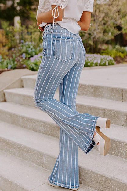 Vertical Striped Ripped Flare Jeans - L & M Kee, LLC