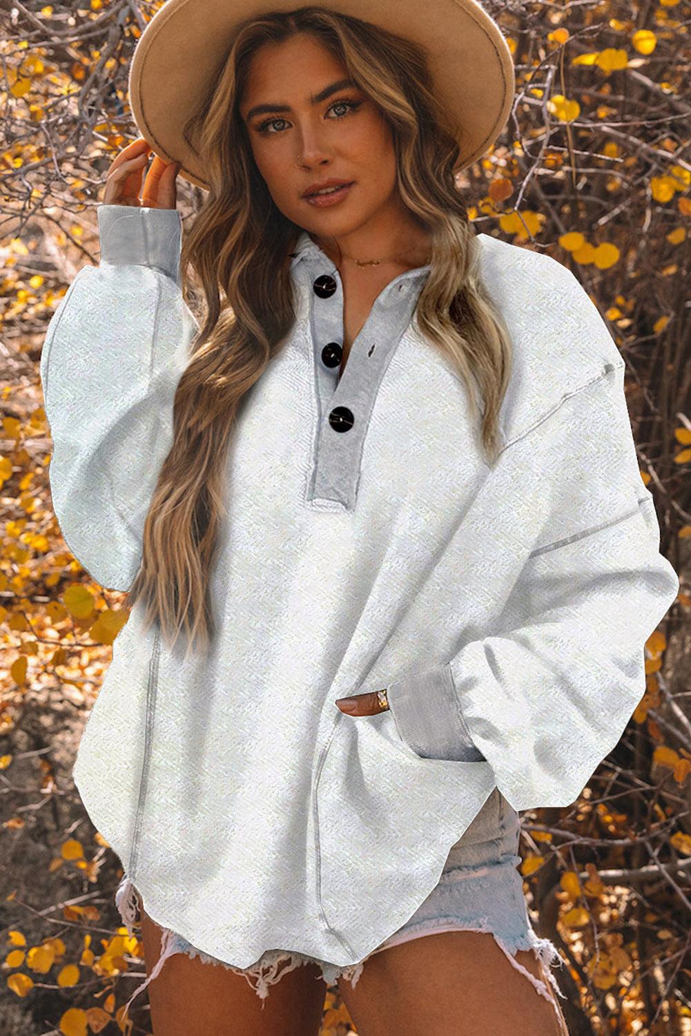 White Textured Side Pockets Buttoned Neckline Sweatshirt - L & M Kee, LLC