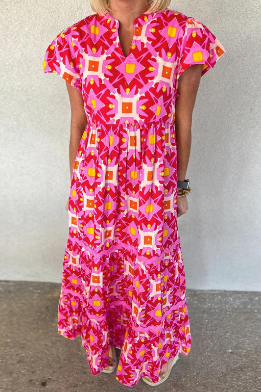 Strawberry Pink Geo Print V-neck Maxi Dress - L & M Kee, LLC