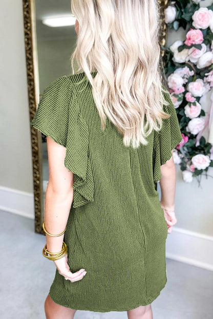 Grass Green Flutter Sleeve Ribbed Shift Dress - L & M Kee, LLC