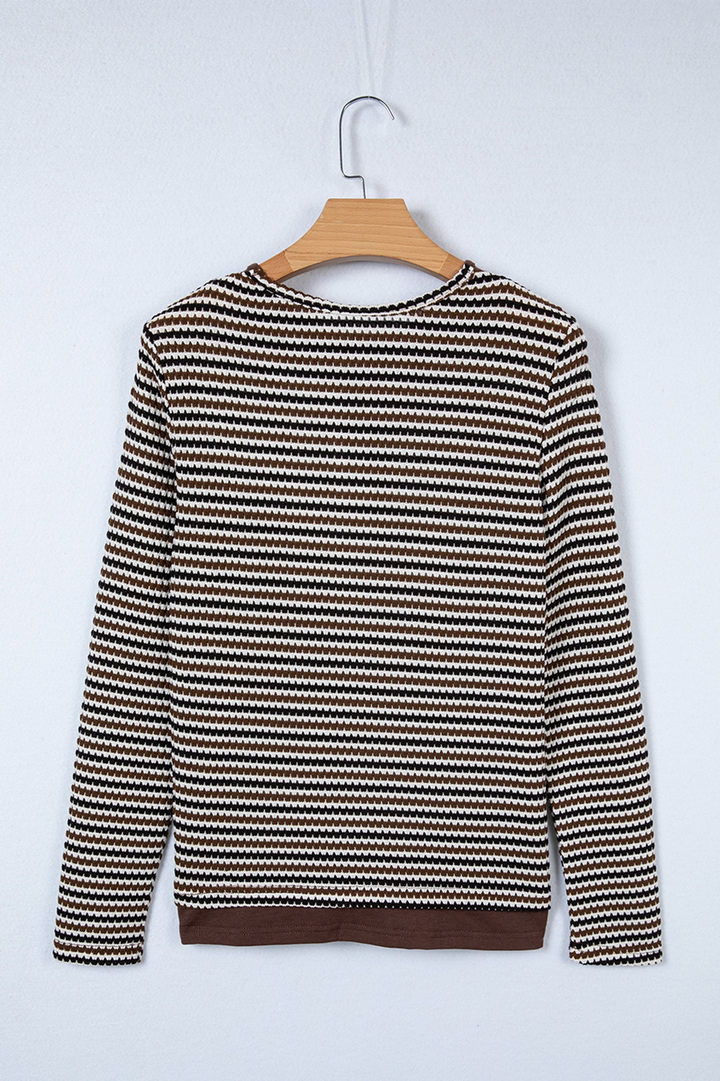 Brown Faux Two Piece Textured Striped Round Neck Long Sleeve T Shirt
