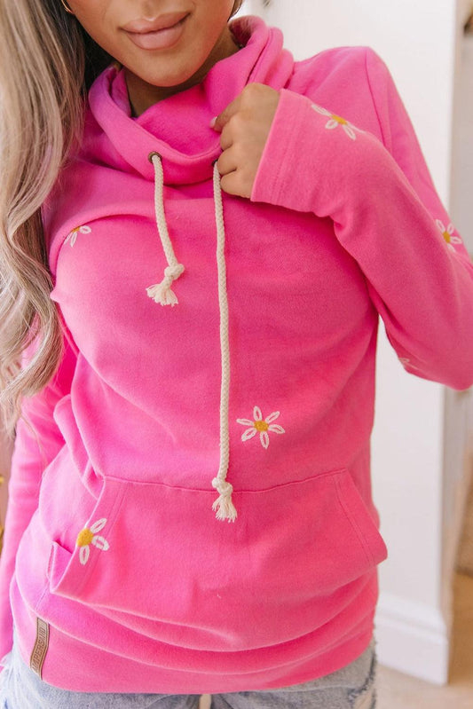 Pink Flower Embroidered Thumbhole Sleeve Cowl Neck Sweatshirt - L & M Kee, LLC