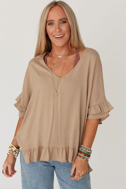 Light French Beige Loose Ruffled V Neck Blouse - L & M Kee, LLC