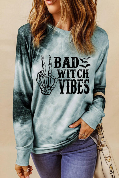 Gray Tie Dye BAD WITCH VIBES Graphic Long Sleeve Top - L & M Kee, LLC