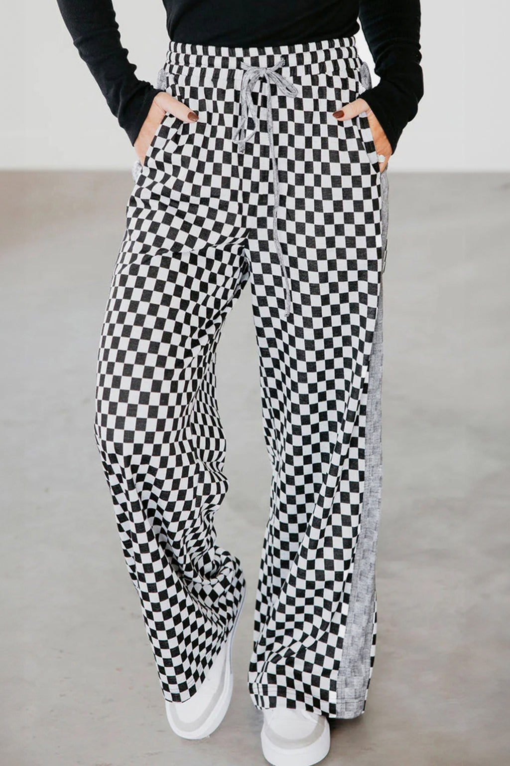 White Checkerboard Drawstring Waist Casual Pants