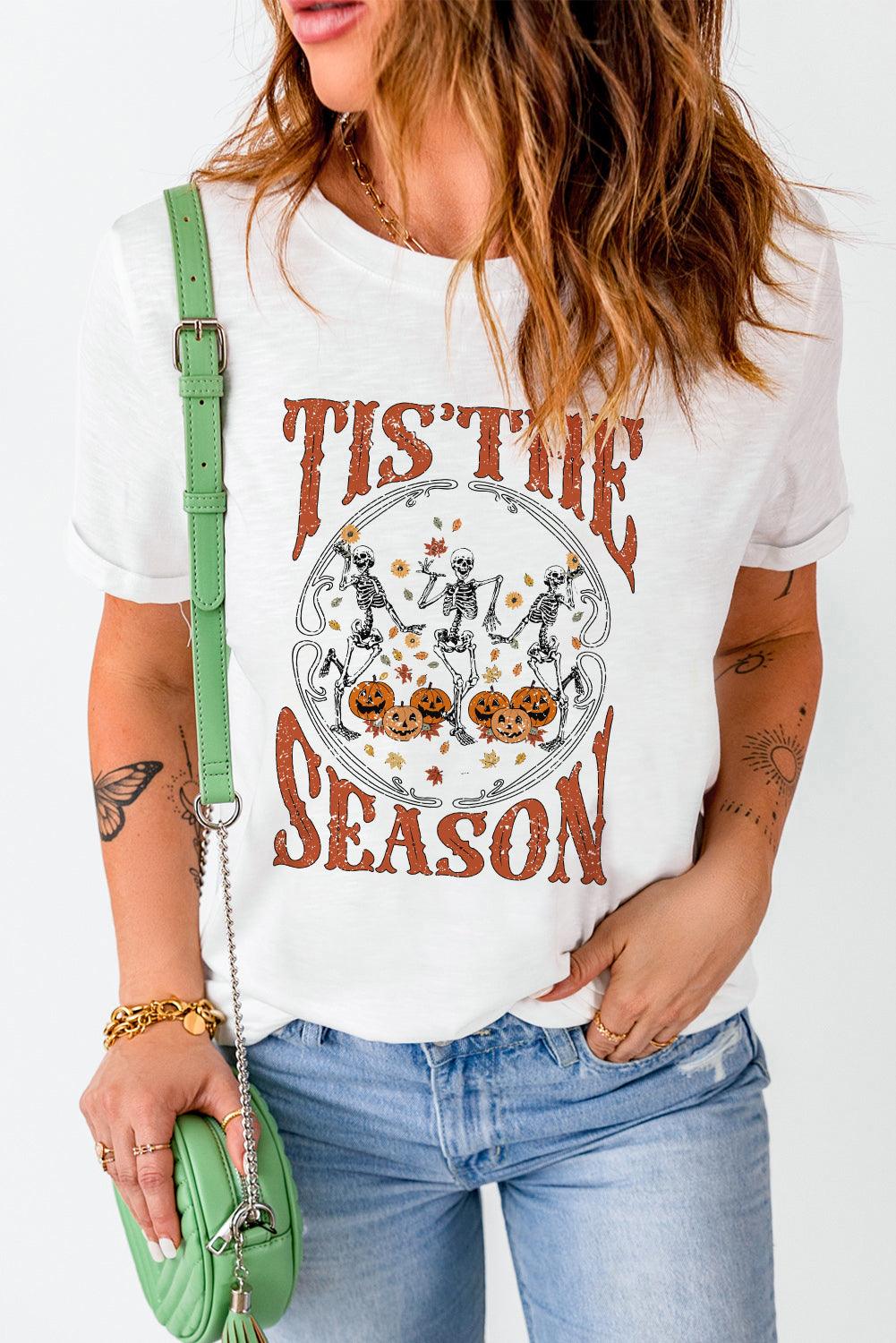 White Halloween Season Dancing Skeleton Graphic Tee - L & M Kee, LLC