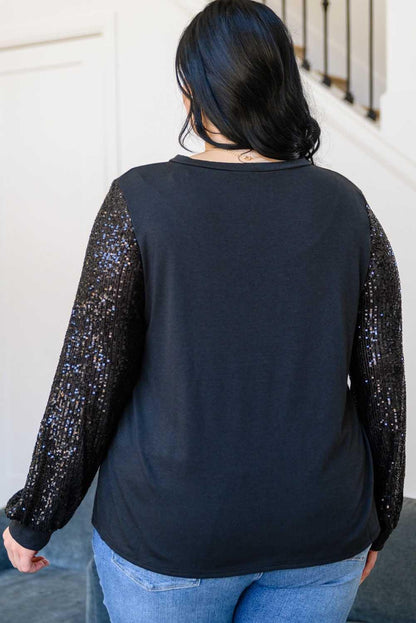 Sequin Contrast Long Sleeve Plus Size Top - L & M Kee, LLC