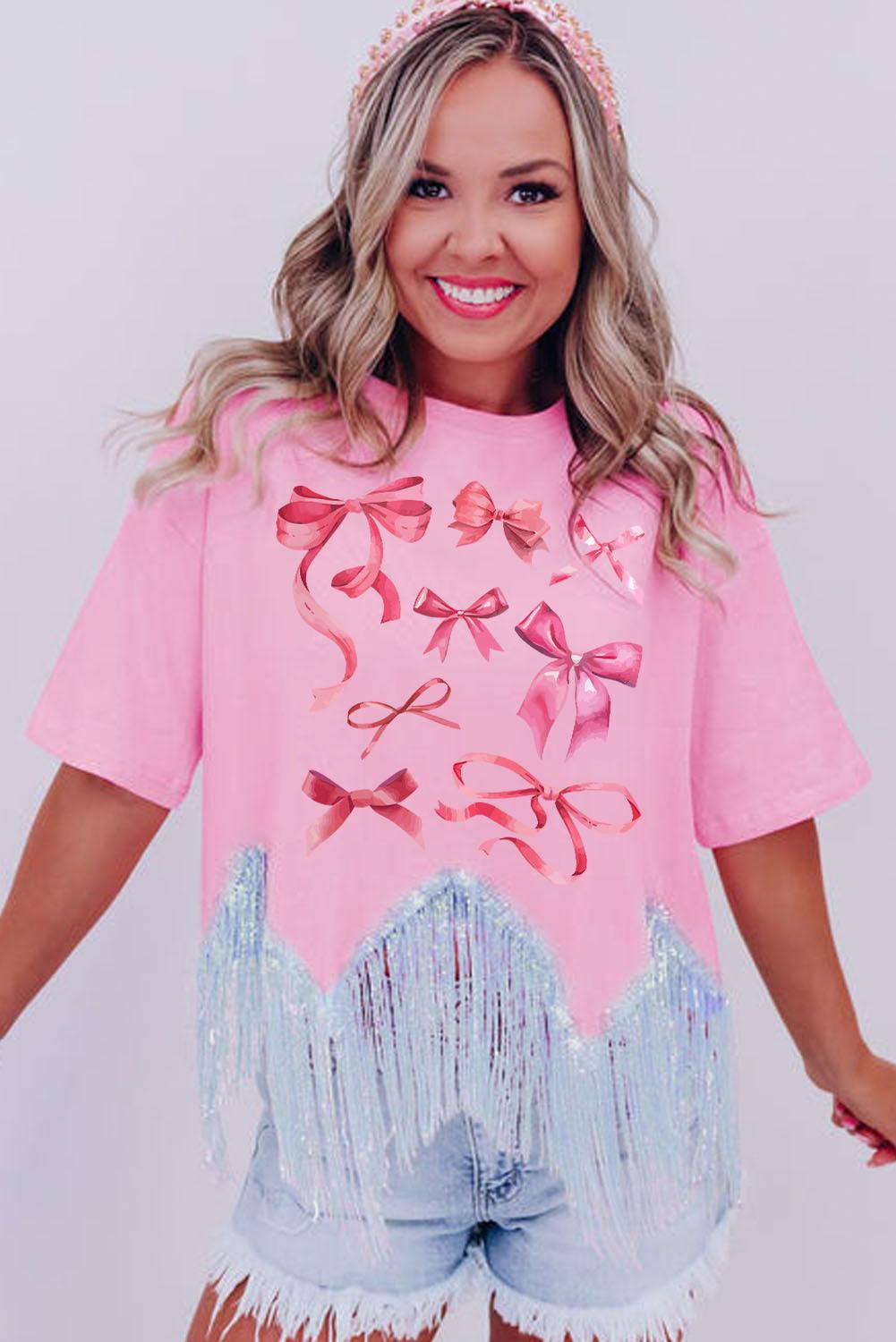 Pink Sweet Bowknot Graphic Fringed Hem T-shirt - L & M Kee, LLC