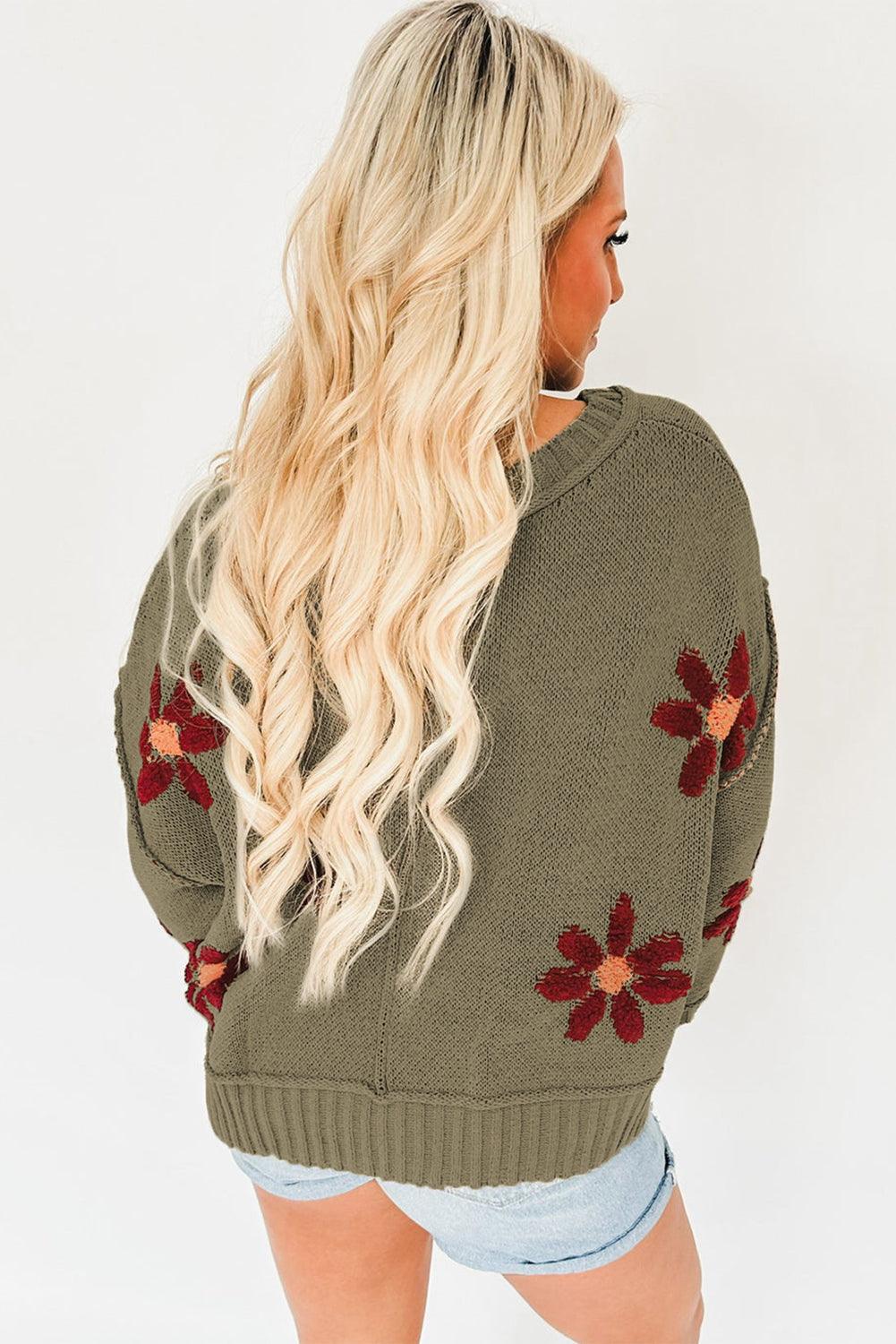 Sage Green Flower Knit Ribbed Trim V Neck Sweater - L & M Kee, LLC