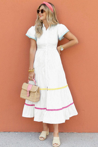 White Colorblock Rickrack Trim Short Sleeve Drawstring Waist Long Dress - L & M Kee, LLC