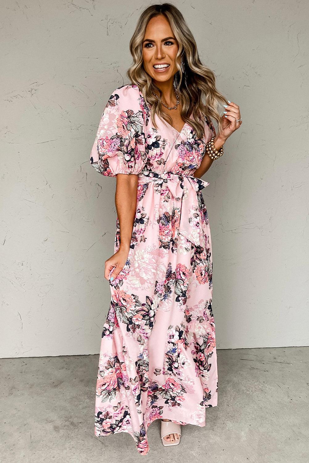 Floral Puff Sleeve High Waist Maxi Dress - L & M Kee, LLC