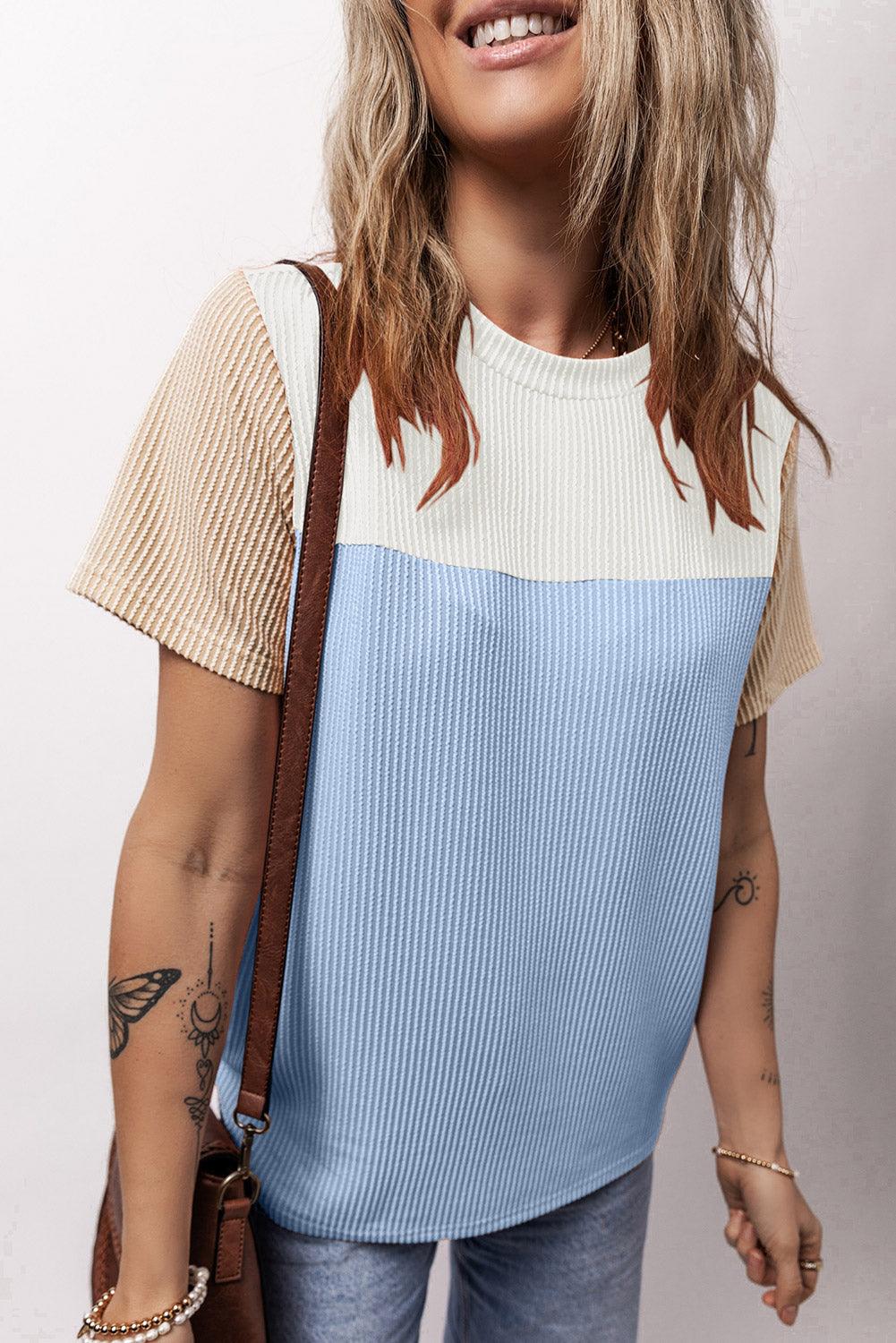 Light Blue Rib Textured Colorblock T Shirt - L & M Kee, LLC