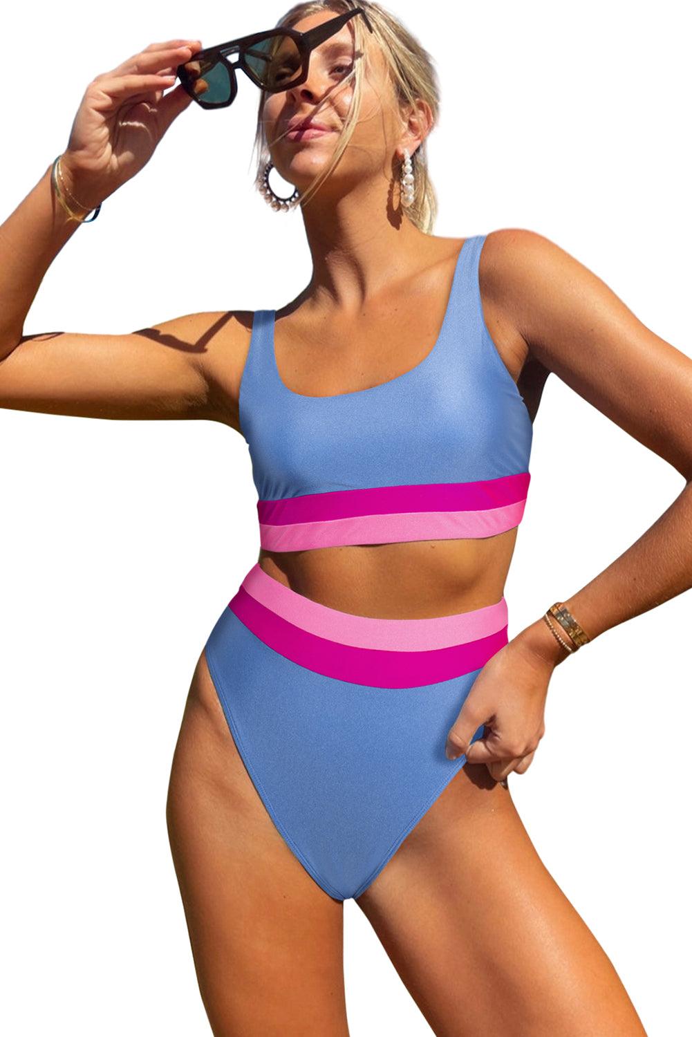 Light Blue Colorblock High Waisted Bikini Swimsuit - L & M Kee, LLC