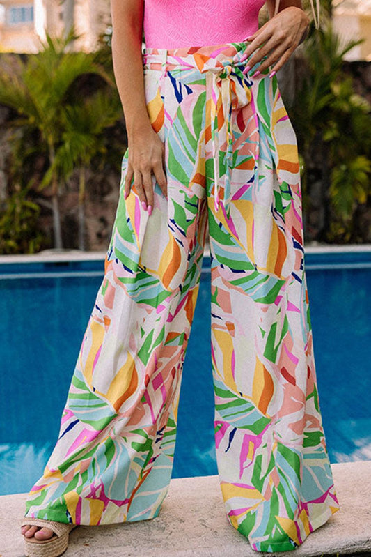 Multicolor Tropical Leafy Print Belted Wide Leg Pants - L & M Kee, LLC