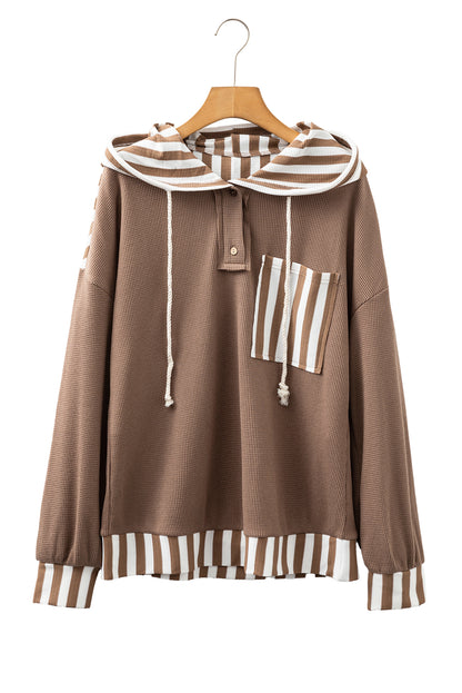Straw Yellow Waffle Texture Striped Patchwork Button Neck Drawstring Hoodie