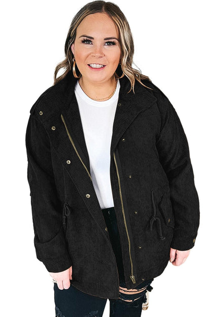 Black Plus Size Button Zipped Corduroy Jacket - L & M Kee, LLC