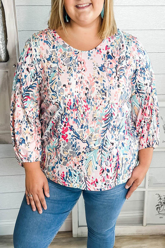 Multicolor Plus Size Floral Print Round Neck Long Sleeve Blouse - L & M Kee, LLC