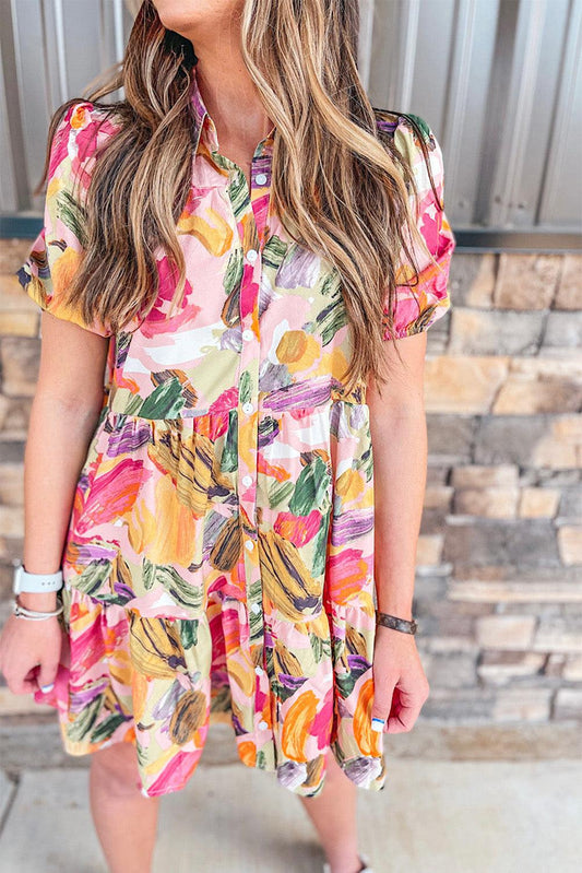 Multicolor Floral Print Short Sleeve Shirt Dress - L & M Kee, LLC