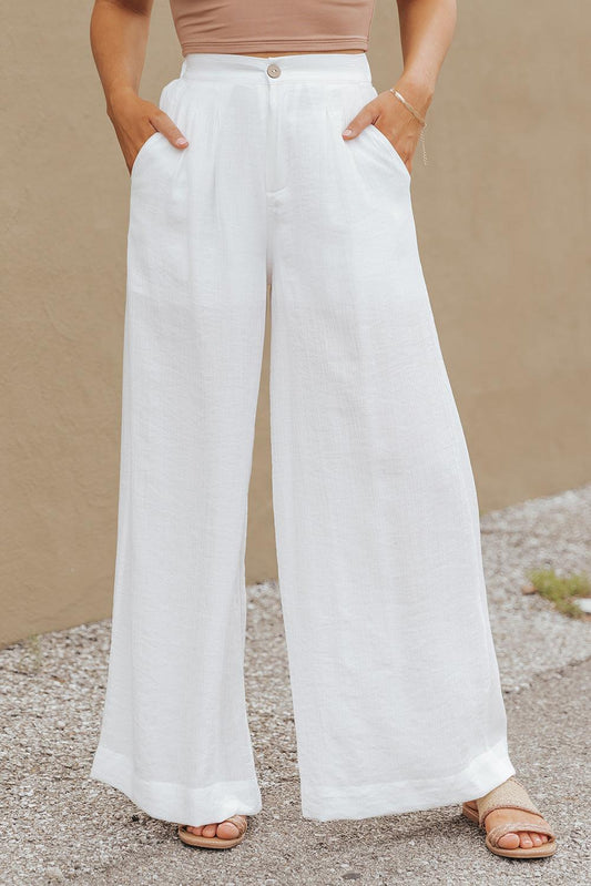 White Solid Color Elastic Waist Pleated Wide Leg Pants - L & M Kee, LLC