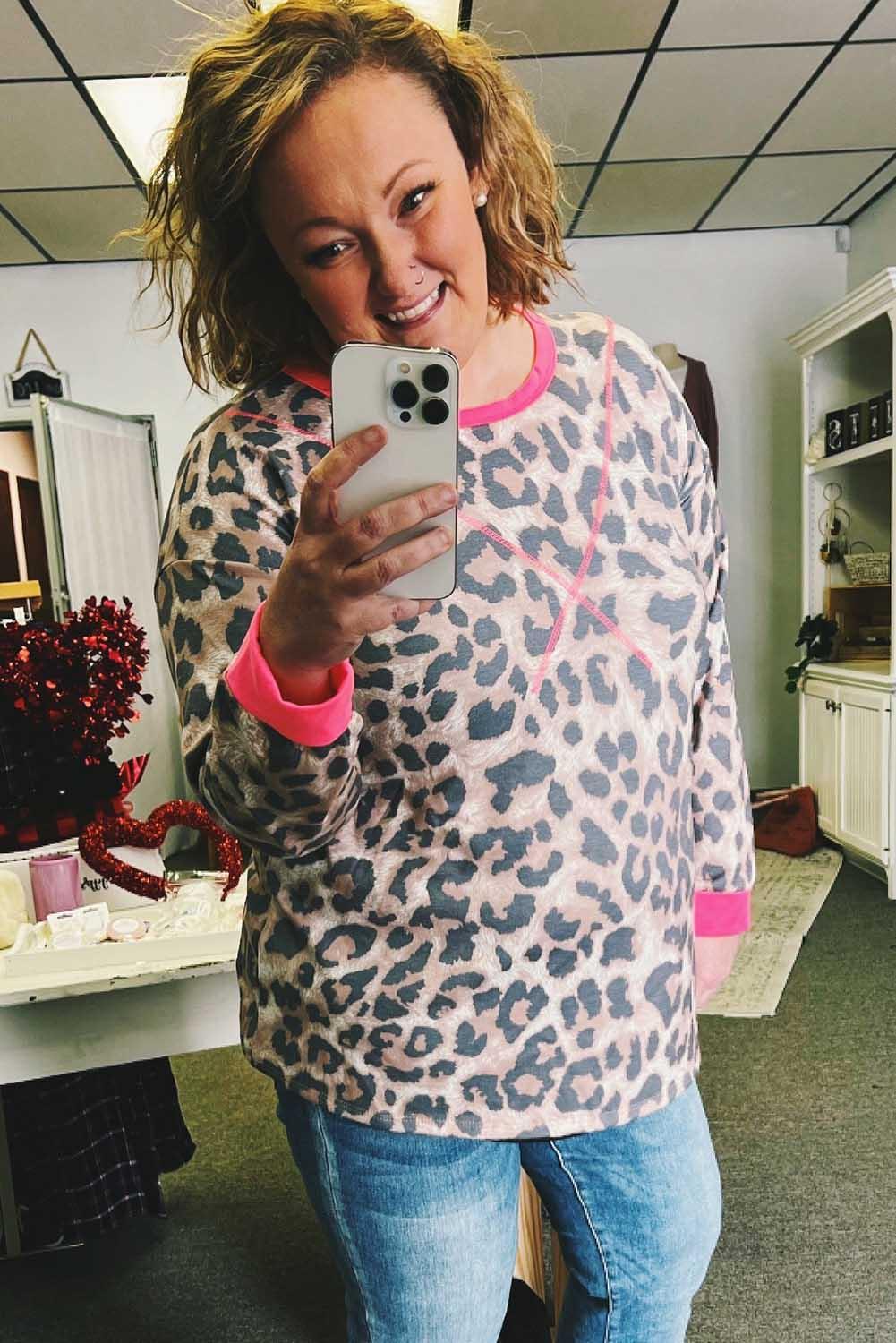 Leopard Contrast Trim Cross-Seam Plus Size Long Sleeve Top - L & M Kee, LLC