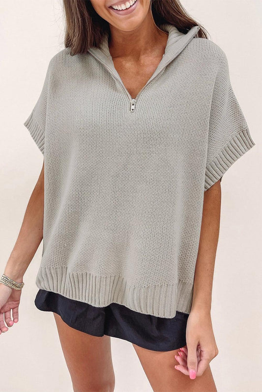 Light Grey Quarter Zip Short Batwing Sleeve Sweater - L & M Kee, LLC