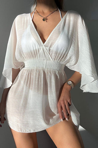 White Semi-sheer Wrapped Flowy Sleeve Beach Dress - L & M Kee, LLC