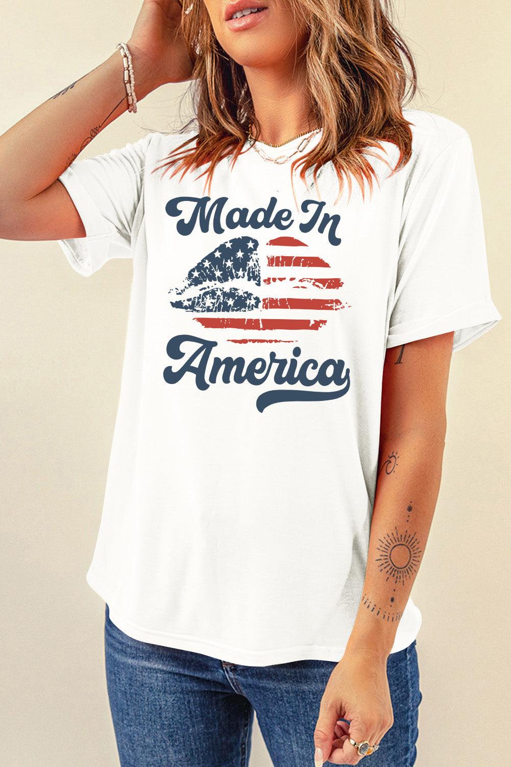 White Made in America Lip Printed O Neck T Shirt - L & M Kee, LLC