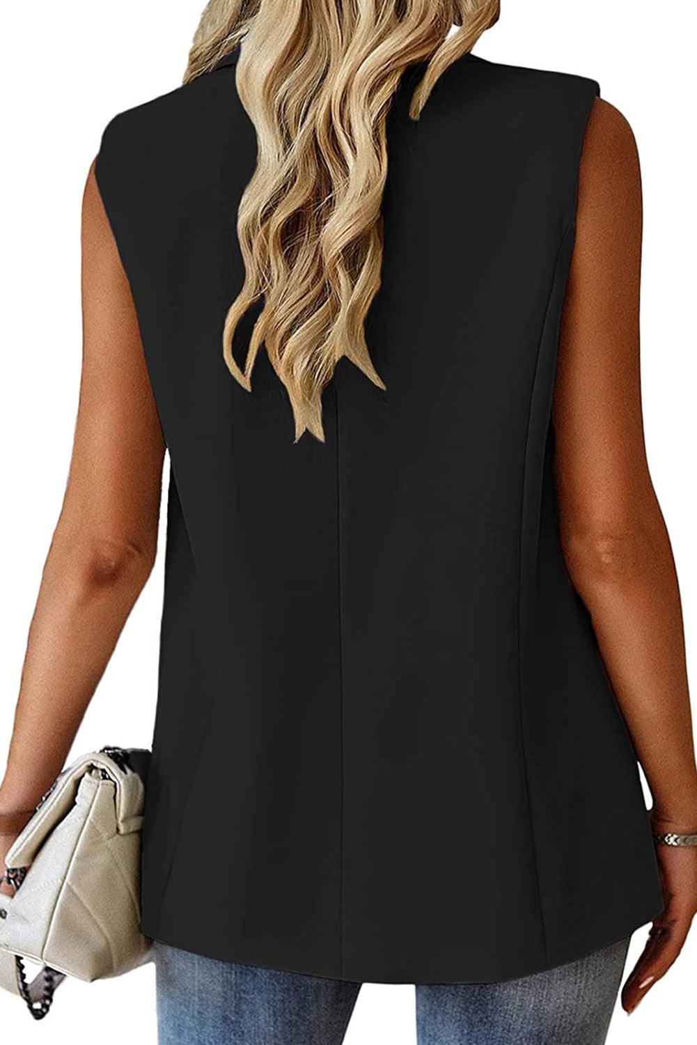 Black Single Button Pocketed Lapel Vest Blazer - L & M Kee, LLC