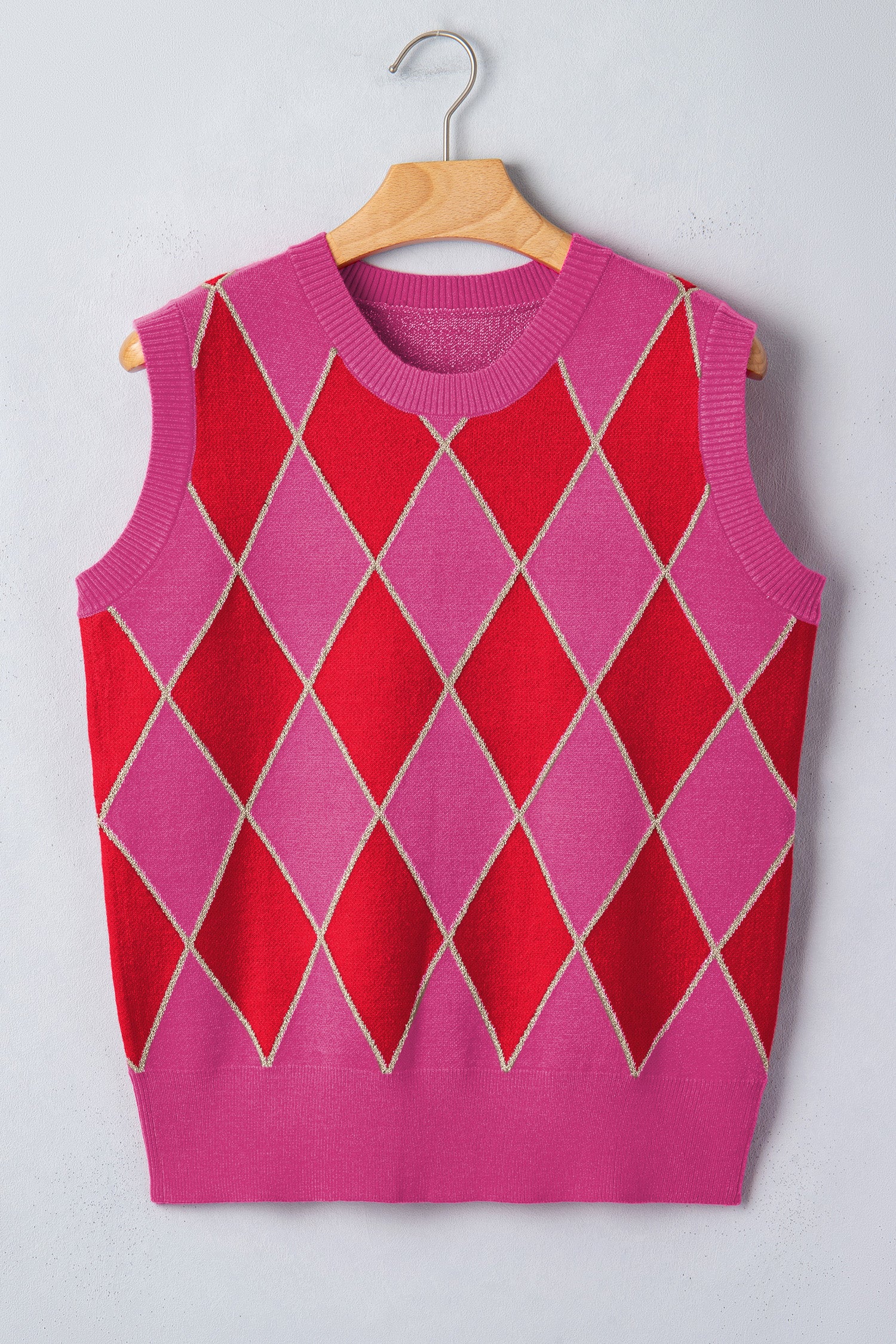 Rose Glitter Trim Rhombus Pattern Knit Sweater Vest