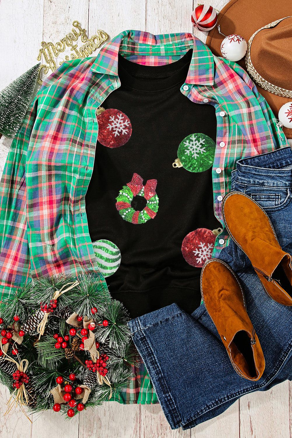 Black Sequined Christmas Graphic Pullover Sweatshirt - L & M Kee, LLC