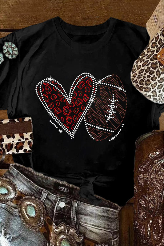 Black Rhinestone Rugby Heart Shape Graphic Crewneck T Shirt - L & M Kee, LLC