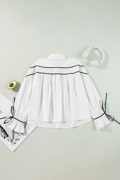 White Black Pipping Ribbon Bowtie Collared Ruffled Puff Sleeve Shirt