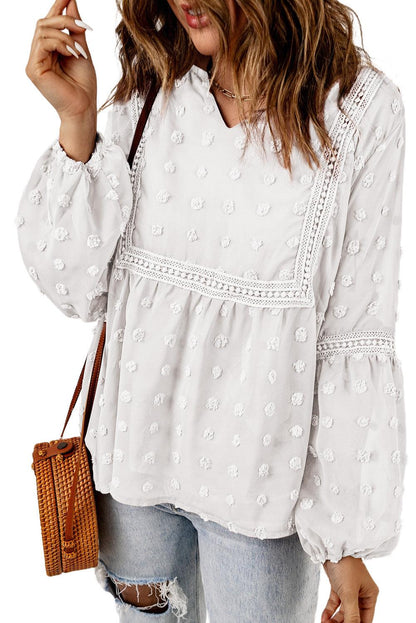 Blue Ruffled Split Neck Lace Hollow Out Puff Sleeve Polka Dot Blouse - L & M Kee, LLC