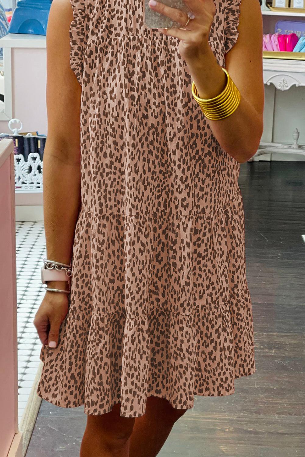 Pink Leopard Ruffled Tiered Sleeveless Mini Dress
