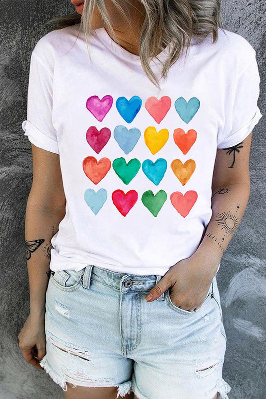 White Colorful Heart Shaped Print Crew Neck T Shirt - L & M Kee, LLC