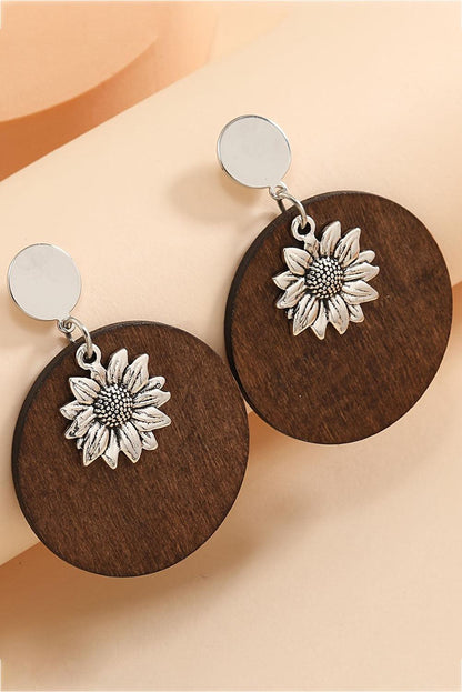 Silvery Retro Sunflower Round Wood Stud Earrings - L & M Kee, LLC