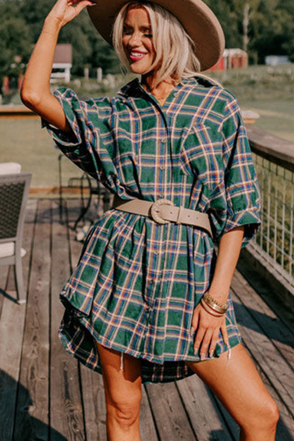 Green Oversized Plaid Half Sleeve Tunic Shirt - L & M Kee, LLC