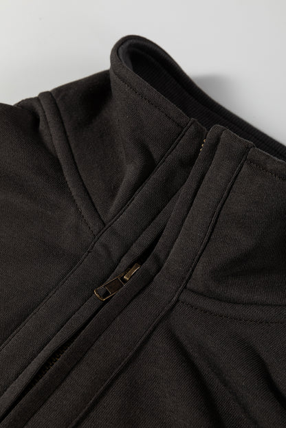 Carbon Grey Waffle Knit Patchwork Half Zipped Casual Sweatshirt