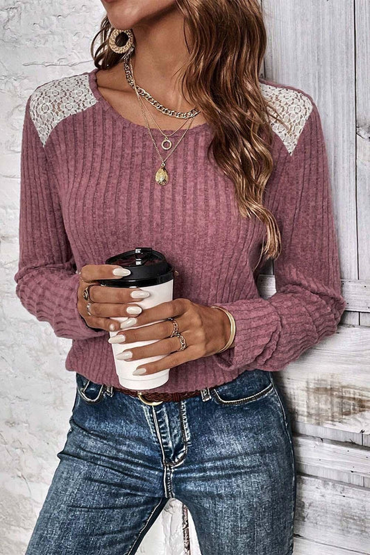 Pink Ribbed Knit Lace Patch Shoulder Casual Sweater - L & M Kee, LLC