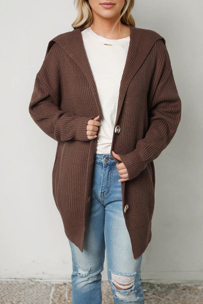 Brown Chunky Knit Lapel Collar Button up Cardigan - L & M Kee, LLC