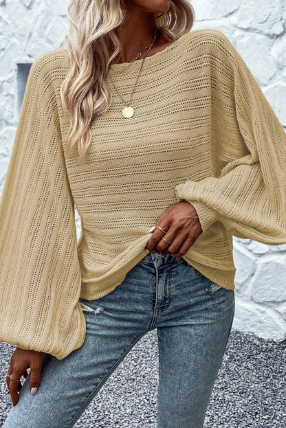 Apricot Lantern Sleeve Eyelets Textured Knit Sweater - L & M Kee, LLC