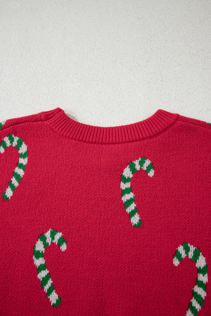 Racing Red Christmas Candy Cane Holiday Drop Shoulder Sweater