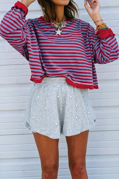 Red Stripe Exposed Seam Contrast Ribbed Trim Oversize Sweatshirt