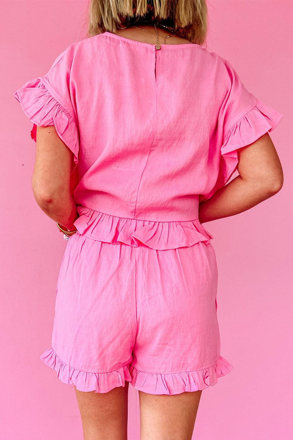 Pink Ruffled Hem Short Sleeve Elastic Drawstring Waist Pocketed Shorts Set - L & M Kee, LLC