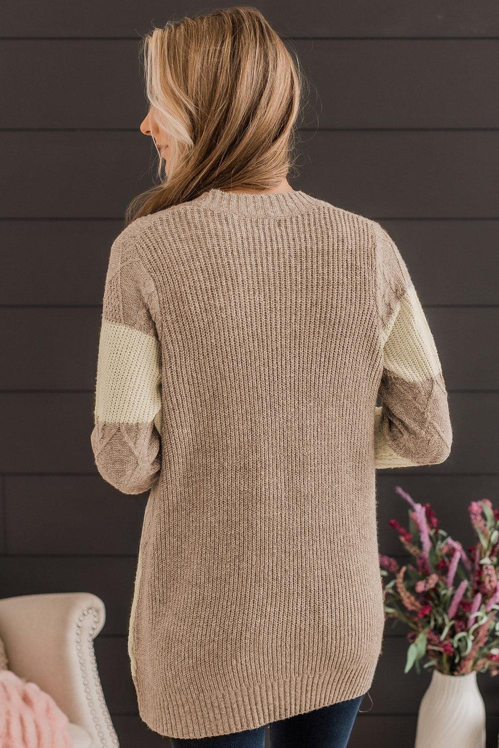 Parchment Color Block Textured Knit Open Front Cardigan - L & M Kee, LLC