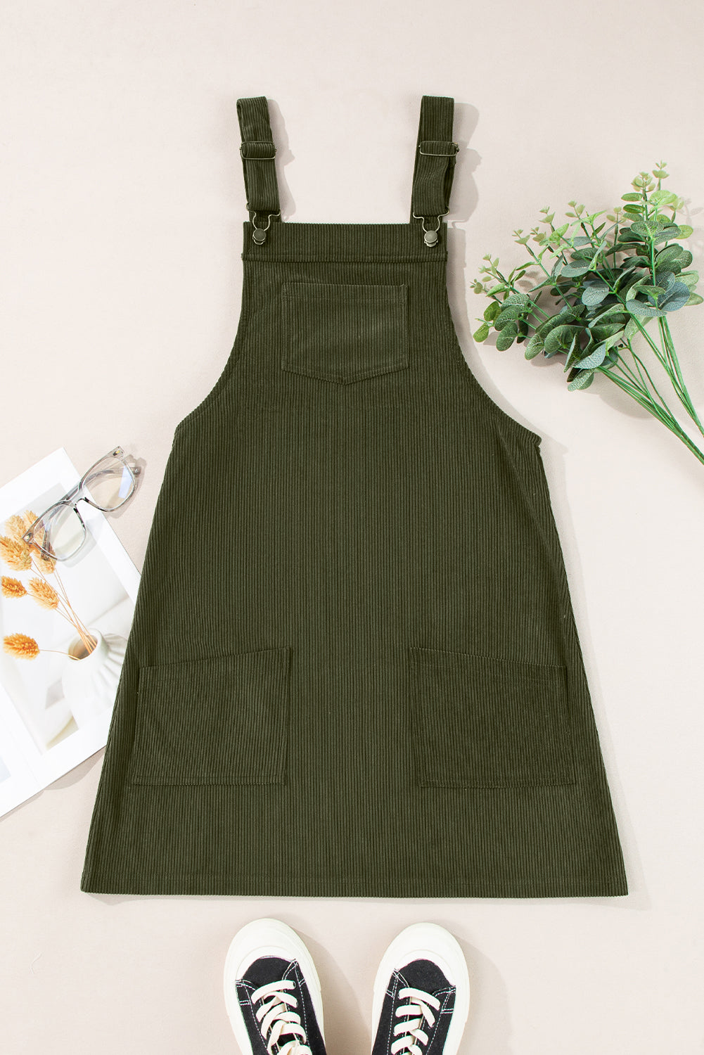 Cinnamon Solid Front Pockets Sleeveless Corduroy Overall Dress